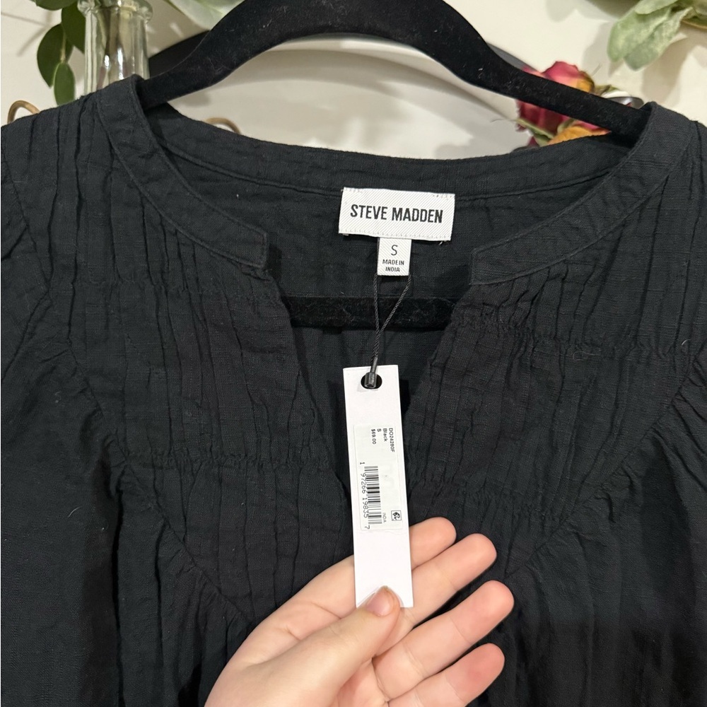 Steve Madden Black Boho Peasant Top | Flowy Cotton Blouse Size S NWT - Picture 3 of 7